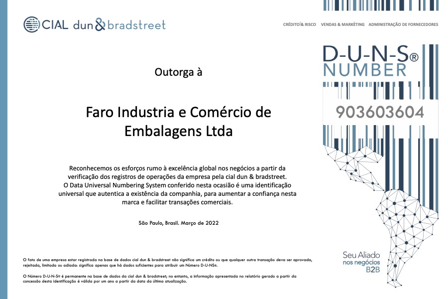 CERTIFICADO DUNS NUMBER FARO EMBALAGENS